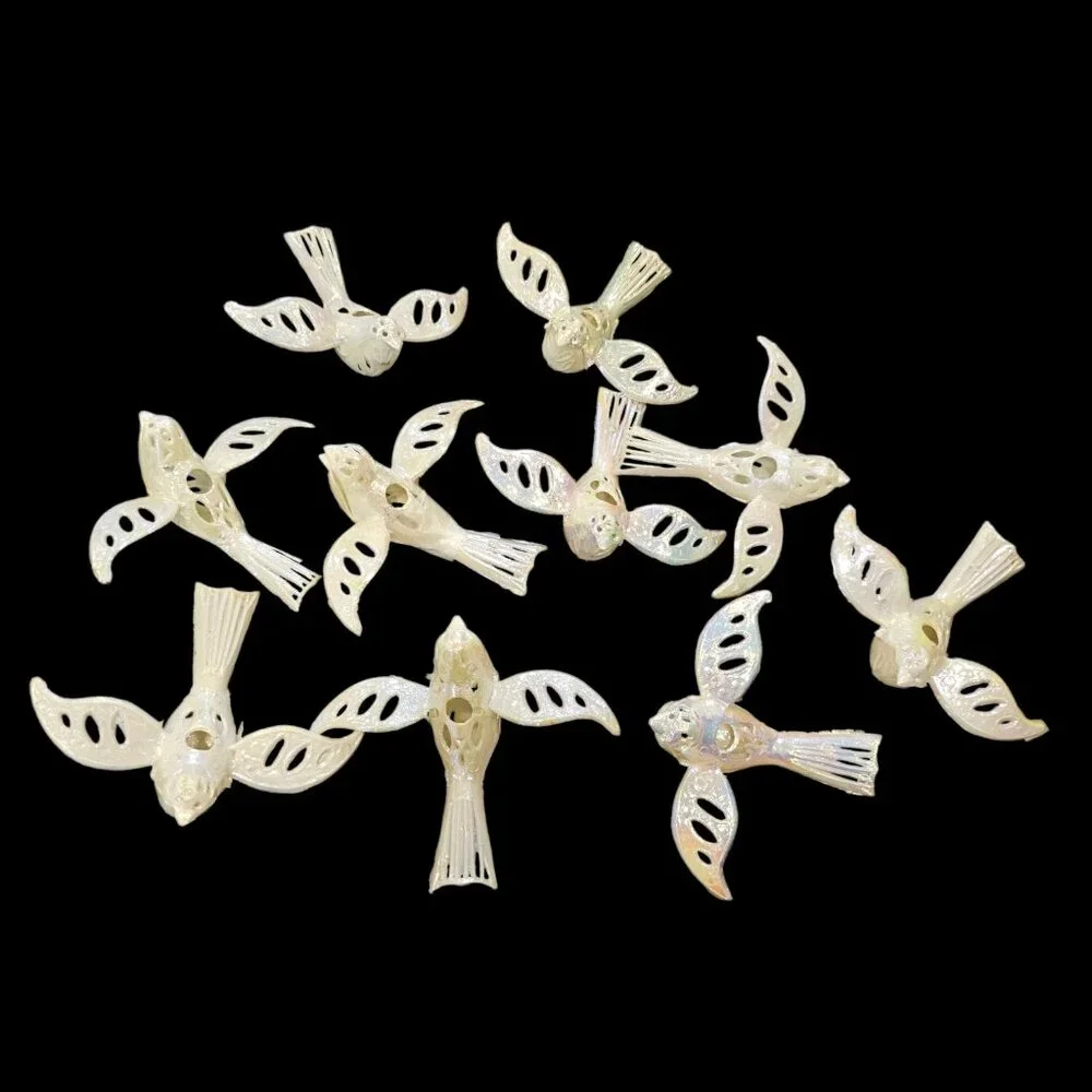 MCM Christmas Light Bird Toppers Pearlescent Plastic‎ Set 10 Cream VTG Ornaments